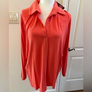 Relaxed Coral Long-Sleeve V-Neck Tunic Top